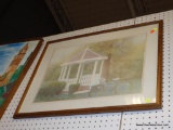 (R1) FRAMED LANDSCAPE PRINT; THIS PIECE SHOWS A GAZEBO IN A PARK WITH A BIKE IN FRONT OF IT. SIGNED