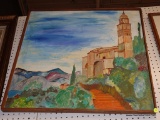 (R1) FRAMED OIL ON CANVAS; FRAMED OIL ON CANVAS SHOWING A CATHEDRAL ON A HILLSIDE. FRAMED IN A
