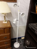 (R1) FLOOR LAMP; WHITE METAL FLOOR LAMP WITH 3 ADJUSTABLE 50 WATT LIGHT FIXTURES. MEASURES 5 FT 4 IN
