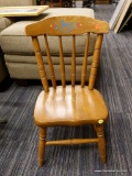 (R1) CHAIR; BANNISTER BACK CHAIR WITH 4 TURNED POLE LEGS WITH A BOX STRETCHER. MEASURES 13 IN X 13