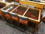 (R2) PATIO TABLE SET; 8 PIECE PATIO SET TO INCLUDE A 3 SMOKE GLASS PANELED TABLE TOP WITH A WOODEN