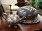 (R2) LOT OF SILVER-PLATE DISHES; 2 PIECE LOT TO INCLUDE A TEA POT AND A LARGE SERVING DISH WITH A