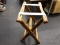 (R3) LUGGAGE RACK; BAMBOO STYLE FOLDING LUGGAGE RACK WITH WICKER BINDINGS AND 2 WHITE NYLON STRAPS.