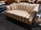 (R3) BLACKBURN CAMELBACK SOFA; CAMELBACK SOFA WITH ROLLED ARMS AND A BEIGE, BLUE AND RED STRIPED