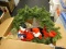 (TABLE) BOX LOT OF HOLIDAY ITEMS; LOT INCLUDES A WREATH WITH A PLUSH NUTCRACKER AND SANTA, RIBBONS,