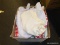 (TABLE) BOX LOT OF LINENS; LOT INCLUDES A CREAM COLORED TABLE CLOTH, RED AND WHITE CHECKERED TABLE