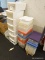 (TABLE) LOT OF PLASTIC BINS; 46 PIECE LOT OF PLASTIC BINS OF DIFFERENT SHAPES AND SIZES. SOME COME