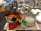 (TABLE) TABLE LOT OF KITCHEN ITEMS; 9 PIECE LOT OF ASSORTED KITCHEN ITEMS TO INCLUDE A PLASTIC CAKE