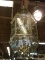 PENDANT CHANDELIER; LARGE BRASS AND BEVELED GLASS PANELED PENDANT CHANDELIER WITH TWO SETS OF 6