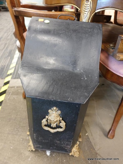 (R2) VINTAGE COAL SCUTTLE; BLACK METAL COAL SCUTTLE WITH GOLD TONE CARVED DETAILING. HAS A FLIP UP