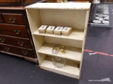 (R2) BOOKSHELF; WOODEN BOOKSHELF WITH A CREAM PAINT FINISH AND 3 SHELVES. MEASURES 23 IN X 9.5 IN X