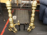 (R2) ANDIRONS; PAIR OF BRASS TURNED POLE ANDIRONS. MISSING THE LOG HOLDING LEGS. MEASURES 25 IN