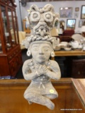 (R1) AZTEC POTTERY ART FLOWER POT; AZTEC STATUE WITH A HOLE FOR FLOWER ON THE BACK OF HIS HEAD. HAS