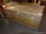(R2) VINTAGE TRUNK; WOODEN TRUNK WITH METAL BINDINGS ON THE CORNERS, NEEDS TLC AS 2 OF THE LATCHES