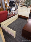 (R3) TWIN SIZE BED; CREAM PAINTED WOODEN TWIN SIZE BED FRAME WITH A SHELL CARVING ALONG THE HEAD