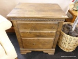 (R3) NIGHT STAND; WOODEN NIGHT STAND WITH RIBBON SWIRL DETAILING BELOW THE TABLE TOP, HAS 2 DRAWERS