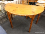 (R3) SOFA TABLE; WOODEN HALF CIRCLE SOFA TABLE WITH 4 BLOCK LEGS. MEASURES 4 FT X 25 IN X 29.5 IN.