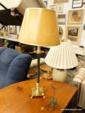 (R3) TABLE LAMP; BRASS TABLE LAMP WITH A GREEN MARBLED STEM THAT HAS PURPLE AND GOLD TONE PAINTED ON