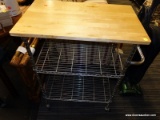 (R3) KITCHEN ROLLING CART; WOODEN TOP KITCHEN ROLLING CART WITH 2 METAL SHELVES. MEASURES 26 IN X 16