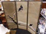 (R3) ORIENTAL SCREEN; TRI-FOLD GREY SILK SCREEN WITH TWO RAVEN SITTING ON A BARE TREE BRANCH WITH