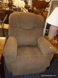 (R3) RECLINING ARM CHAIR; BROWN FABRIC ARMCHAIR THAT HAS A HANDLE FOR RECLINING ON THE RIGHT SIDE.