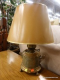 (R3) TABLE LAMP; VINTAGE OIL LAMP CONVERTED TO ELECTRIC WITH A BRASS FINISH AND A FLORAL DESIGN ON