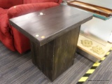 (R3) END TABLE; DARK PAINTED, T SHAPED WOODEN END TABLE. MEASURES 26 IN X 16 IN X 2 FT.