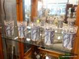 (R4) GREEK WATER GLASSES; 5 PIECE LOT OF BLUE AND WHITE PAINTED WATER GLASSES WITH GREEK PICTURES ON