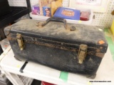 (R4) TOOL BOX AND CONTENTS; HEAVY DUTY PLASTIC TOOL BOX WITH 2 LATCHES AND A TOP LEATHER HANDLE. LID