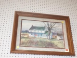 (WALL) FRAMED PRINT; DEPICTS A COUNTRY HOME MATTED IN BROWN AND LINEN. SIGNED BY ARTIST IN BOTTOM
