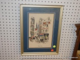 (WALL) FRAMED PRINT; DEPICTS THE HOTEL DEUX LIONS IN A FRENCH CITY. SIGNED BY ARTIST IN BOTTOM