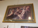 (WALL) FRAMED PAINTING; SHOWS 5 ANGEL BABIES FLYING AROUND PLAYING WITH FLOWERS. MATTED IN GREEN AND