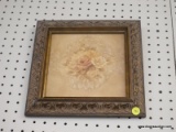 (WALL) FRAMED BOTANICAL PRINT; SHOWS A BEIGE COLOR FLORAL PRINT IN AN ORNATE FRAME. MEASURES 10.5 IN