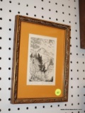 (WALL) FRAMED PRINT; SKETCH OF A MOUNTAIN VALLEY, SIGNED BY ARTIST IN THE BOTTOM. MATTED IN ORANGE