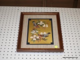 (WALL) FRAMED PRINT; BIRDS ON FLOWERS FRAMED PRINT ON GOLD TONE PAPER. SIGNED BY ARTIST IN BOTTOM