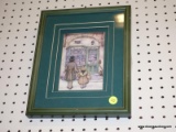 (WALL) FRAMED 3D SHADOW BOX; HAS A MOM AND DAUGHTER WALKING UP TO A SHOP. SITS IN A GREEN MATTE