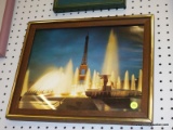 (WALL) FRAMED PRINT; SHOWS THE EIFFEL TOWERS AT NIGHT WITH THE A BEAUTIFUL WATER FOUNTAIN SCENE AT