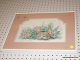 (WALL) FRAMED PRINT; DEPICTS A BUNNY HIDING IN FLOWERS. SIGNED BY ARTIST IN BOTTOM LEFT. DOUBLE