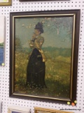 (WALL) FRAMED OIL ON BOARD; SHOWS A VICTORIAN WOMAN WALKING THROUGH THE FIELD IN THE MIDDLE OF