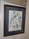 (WALL) DEBBIE HEARLE PRINT; FRAMED WATERCOLOR PRINT OF BLUE AND WHITE FLOWERS. IS SIGNED BY THE