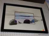 (WALL) 2 TONED PRINT; BLACK & WHITE AND COLOR PRINT OF A BEACH SCENE. DEPICTS A SCENE WITH CHAIRS