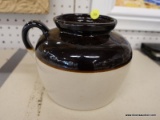 (WALL) BROWN AND GRAY CROCK; SINGLE HANDLED BROWN AND GRAY SALT GLAZED CROCK IN EXCELLENT CONDITION.