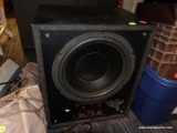 (WALL) BLACK STEREO SPEAKER; MISSING FRONT COVER. MEASURES 1 FT 3 IN X 1 FT X 1 FT 4 IN.