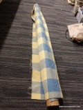 (WALL) BOLT OF FABRIC; BOLT OF BLUE AND YELLOW FABRIC. AMOUNT IS UNKNOWN.