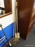 (BWALL) LOT OF HAND TOOLS; 4 PC LOT. INCLUDES A TILLER, A METAL RAKE WITH CAGE, A METAL GRABBER, AND