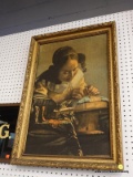 (BWALL) PRINTED FABRIC ON BOARD; WOMAN WITH DARK HAIR KNITTING. FRAMED IN AN ORNATE BRONZE FRAME.