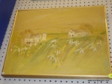 (BWALL) ORIGINAL WATERCOLOR; UNTITLED OIL ON CANVAS LANDSCAPE SHOWING A WHITE HOUSE AND A BARN IN A