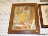 (BWALL) FRAMED STILL LIFE; VEGETABLE STILL LIFE OF ONIONS, PEPPERS, SHALLOWS, A PUMPKIN AND MORE