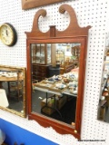(BWALL) WALL HANGING MIRROR; WOODEN FRAMED WALL HANGING MIRROR WITH A BROKEN ARCH PEDIMENT TOP AND