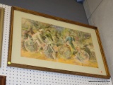 (BWALL) FRAMED PAINTING; DEPICTS PEOPLE RIDING BIKES IN COLONIAL OUTFITS. MATTED IN CREAM AND FRAMED